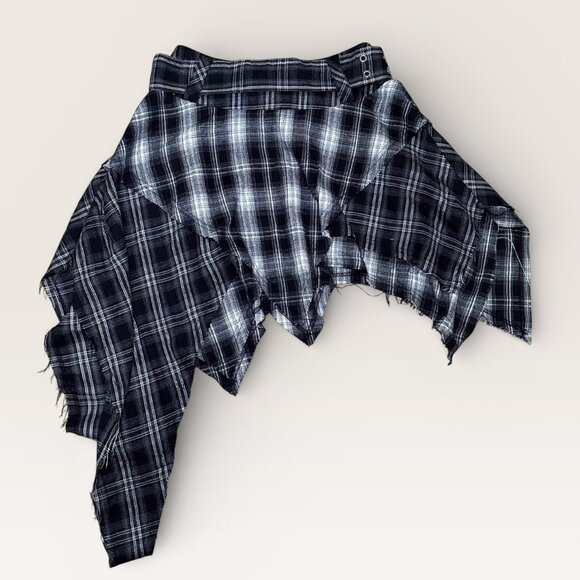 Whimsygoth Grunge Plaid Destructed Belted Black Skirt - Picture 4 of 5